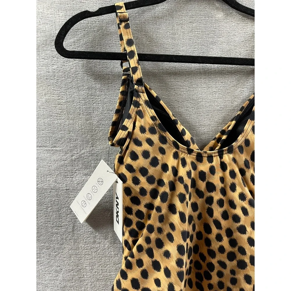 DKNY Womens Leopard Print Tankini Top‎ Brown Black Ruched Swimwear Sz S $60